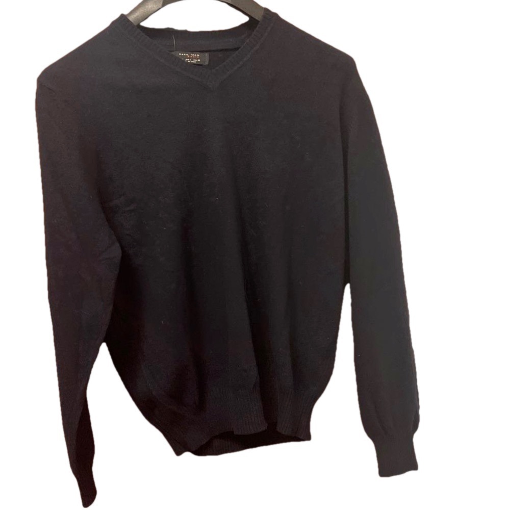 Zara Man Basic V neck L navy wool blend long sleeve crew neck sweater